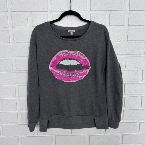 Juicy Couture Tops - Juicy Couture Women Sweatshirt Medium Gray Graphic Lips Sequin Pullover Vintage